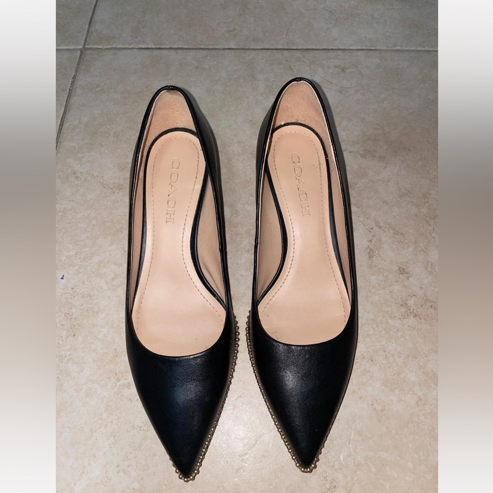 Coach Willa Block Heel Point Toe Studded Black Leather Pumps